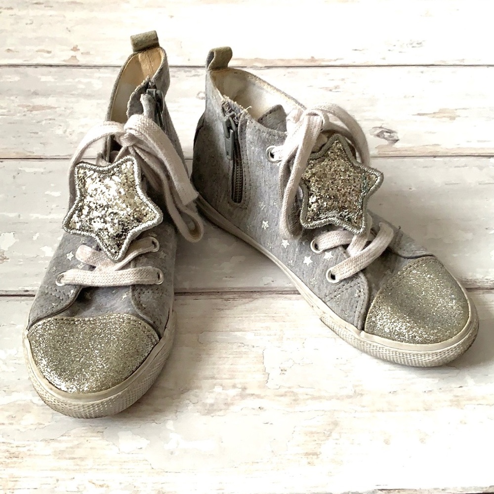 Cat & Jack Girls Size 12 Silver Glitter High Top Shoes Zipper Side Star